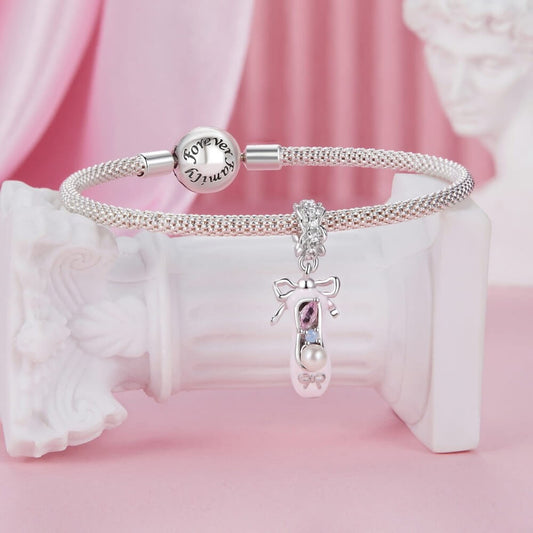 Sterling silver ballerina shoe charm with pink enamel, pearl, and crystals.