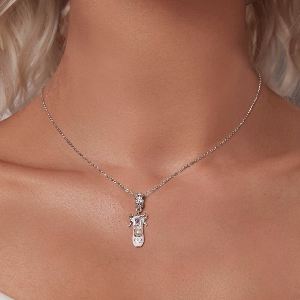 Sterling silver ballerina shoe charm with pink enamel, pearl, and crystals.