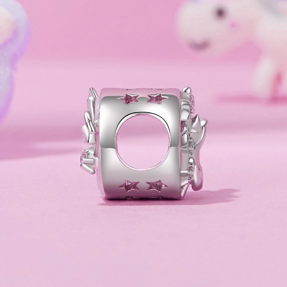 Sterling silver cat and moon charm with pink opal-like inlay and clear stones.