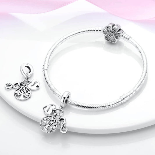 Sterling silver charm with ‘Family’ heart tag, crystal infinity symbol, and crystal tree of life