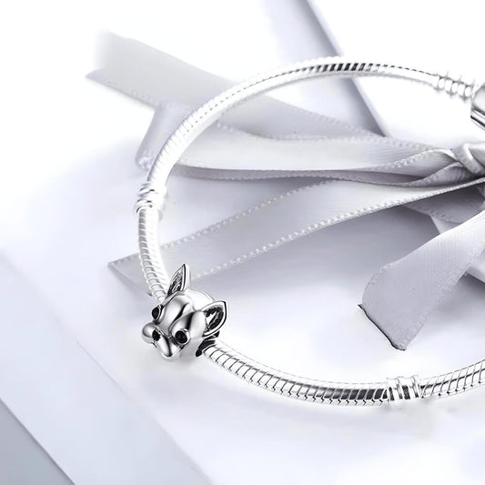 Sterling silver French bulldog head charm with black enamel eyes