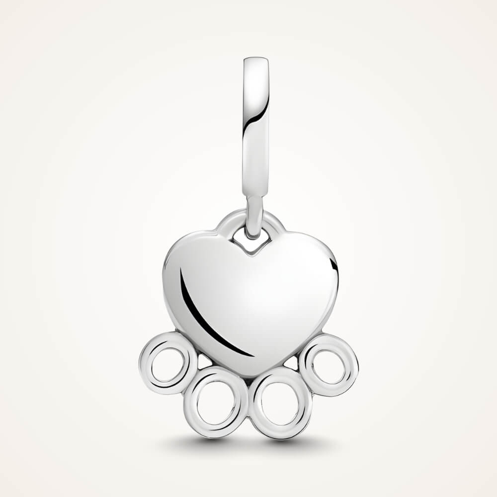 Sterling silver charm with heart outline paw print and engraved ‘Pawprints on my heart’ tag