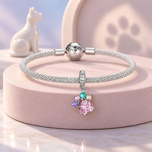 Sterling silver paw print charm with large pink heart crystal and colorful gemstone toe details.