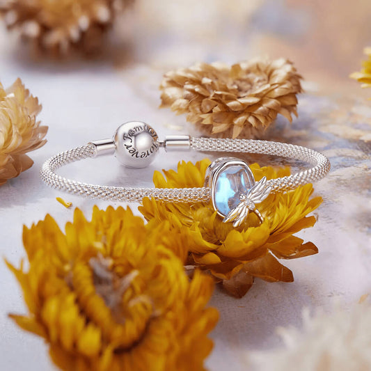 Sterling silver charm with an iridescent pastel glass stone and a silver dragonfly decorated with clear crystals