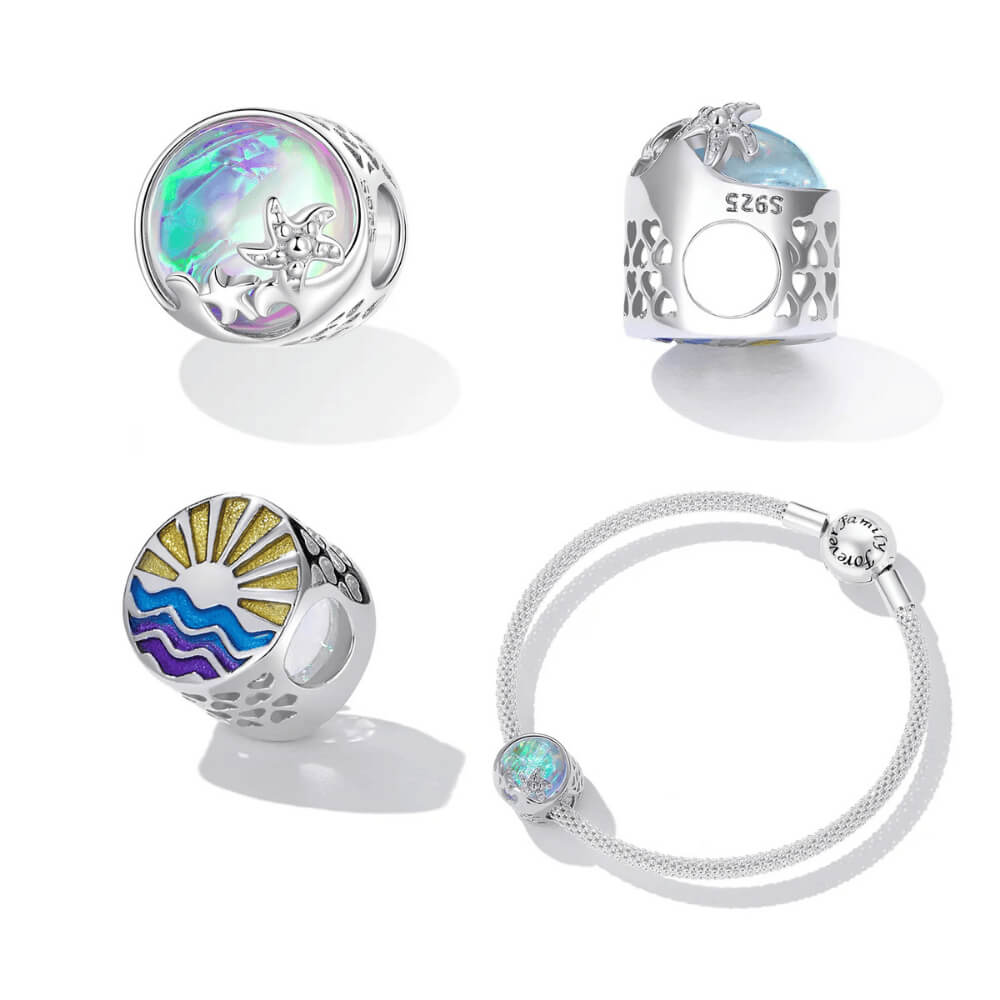 Sterling silver charm with an iridescent round glass center, featuring silver starfish and wave details on the surface