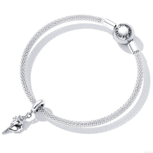 Sterling silver seashell dangle charm featuring a detailed conch shell design and smooth polished bail