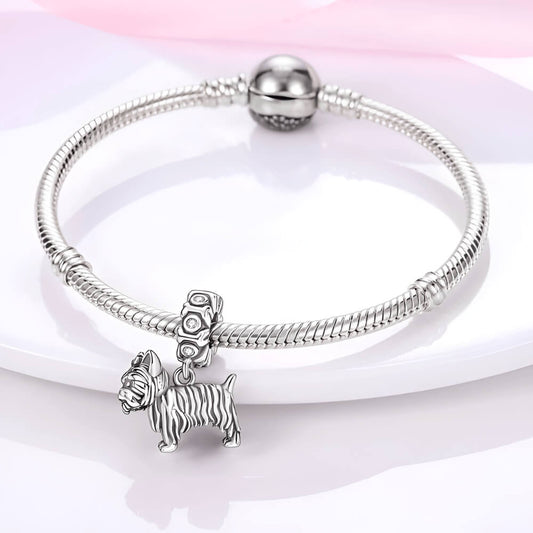 Sterling silver Yorkie dog charm with textured fur and crystal-studded bail