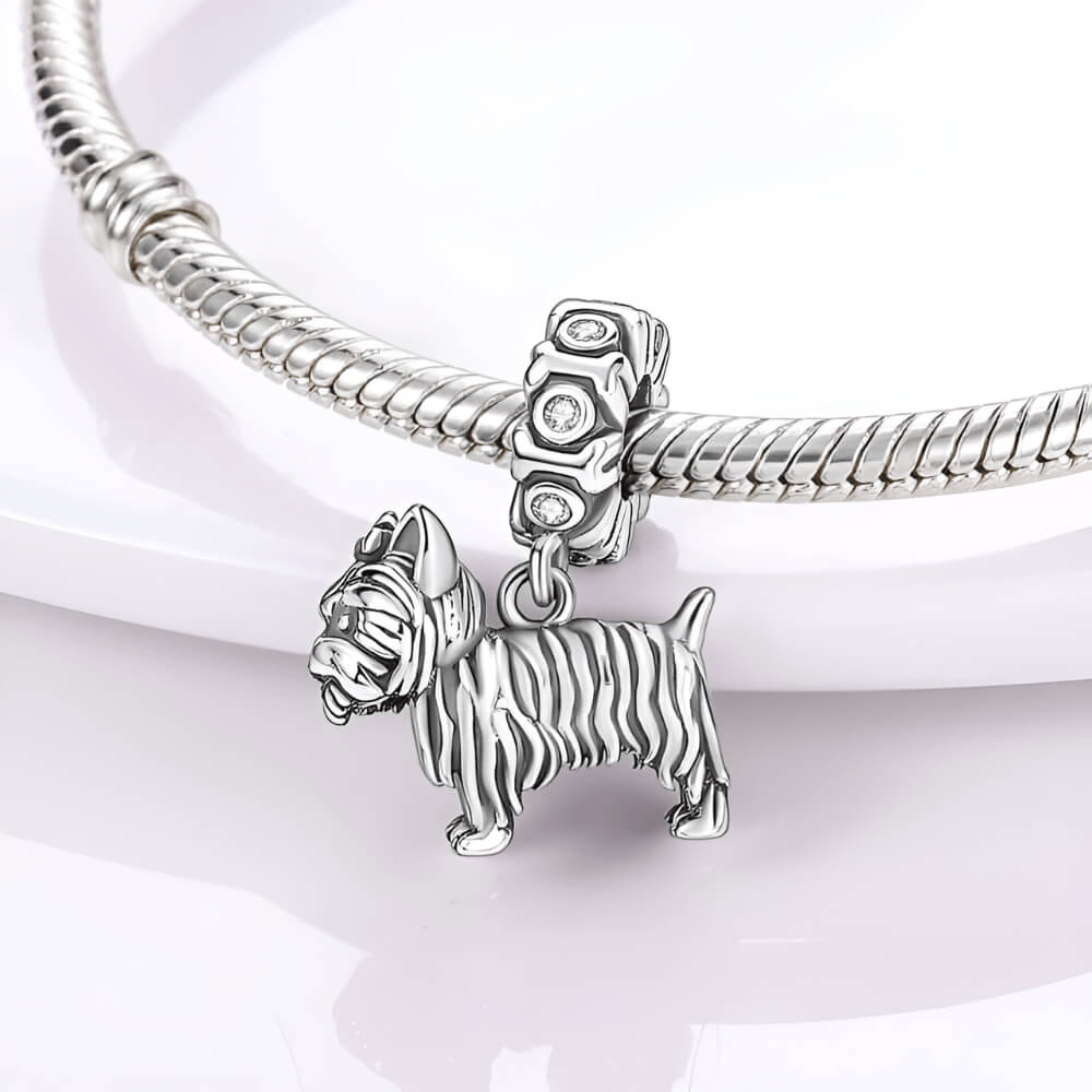 Sterling silver Yorkie dog charm with textured fur and crystal-studded bail