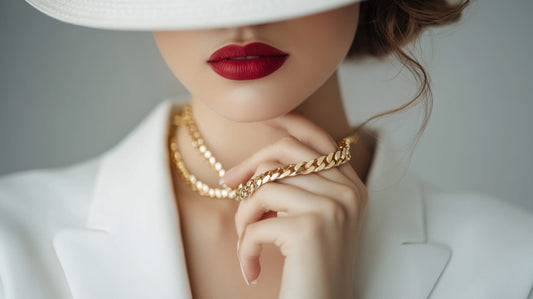 Woman wearing a gold chain necklace and white outfit, photographed in close up