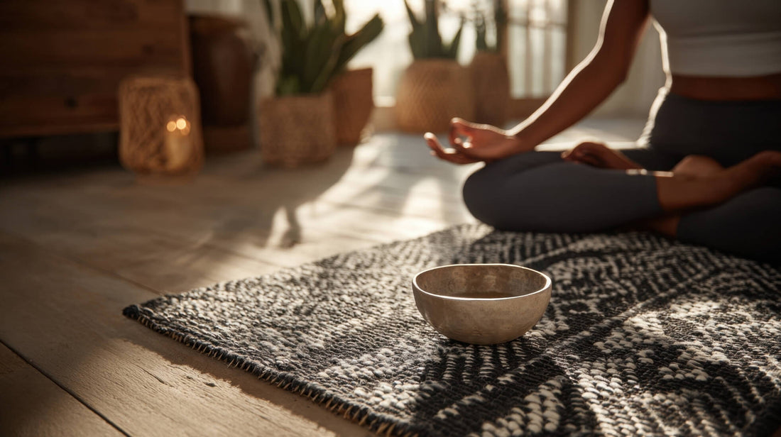 Person sitting cross-legged on a rug with a meditation bowl in a sunlit room