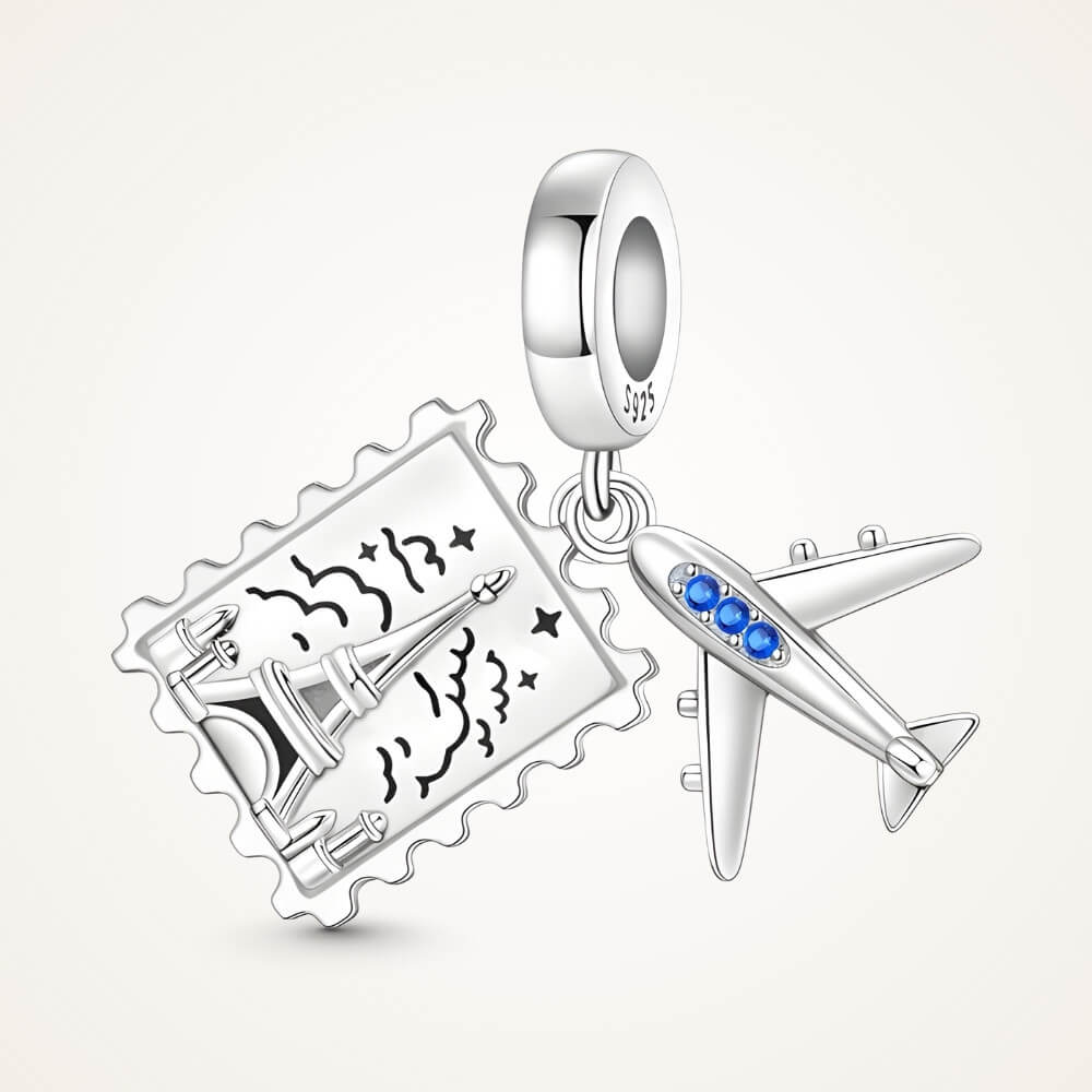 Sterling silver airplane and postcard charm with blue crystal accents - ORÉYA