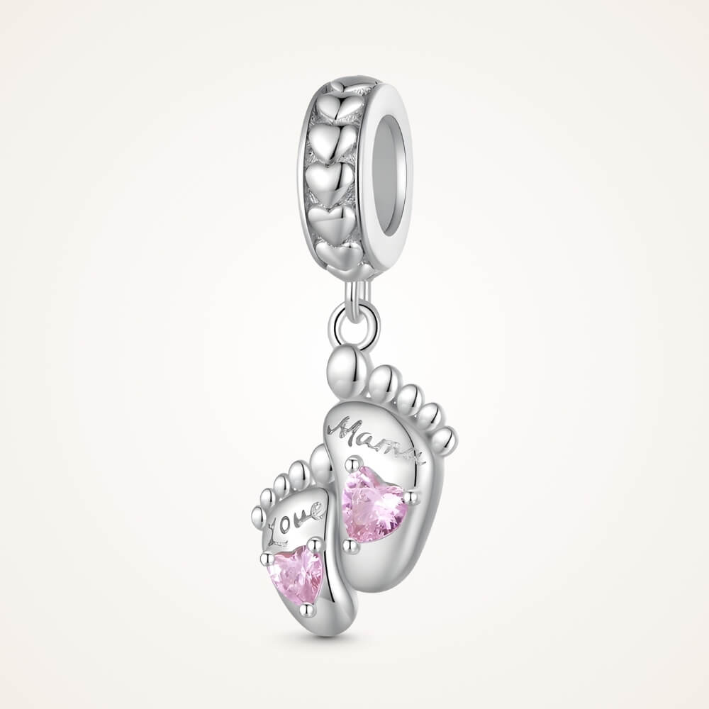 Sterling silver baby feet charm with pink heart crystals and mom engraving - ORÉYA