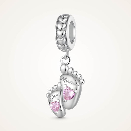 Sterling silver baby feet charm with pink heart crystals and mom engraving - ORÉYA