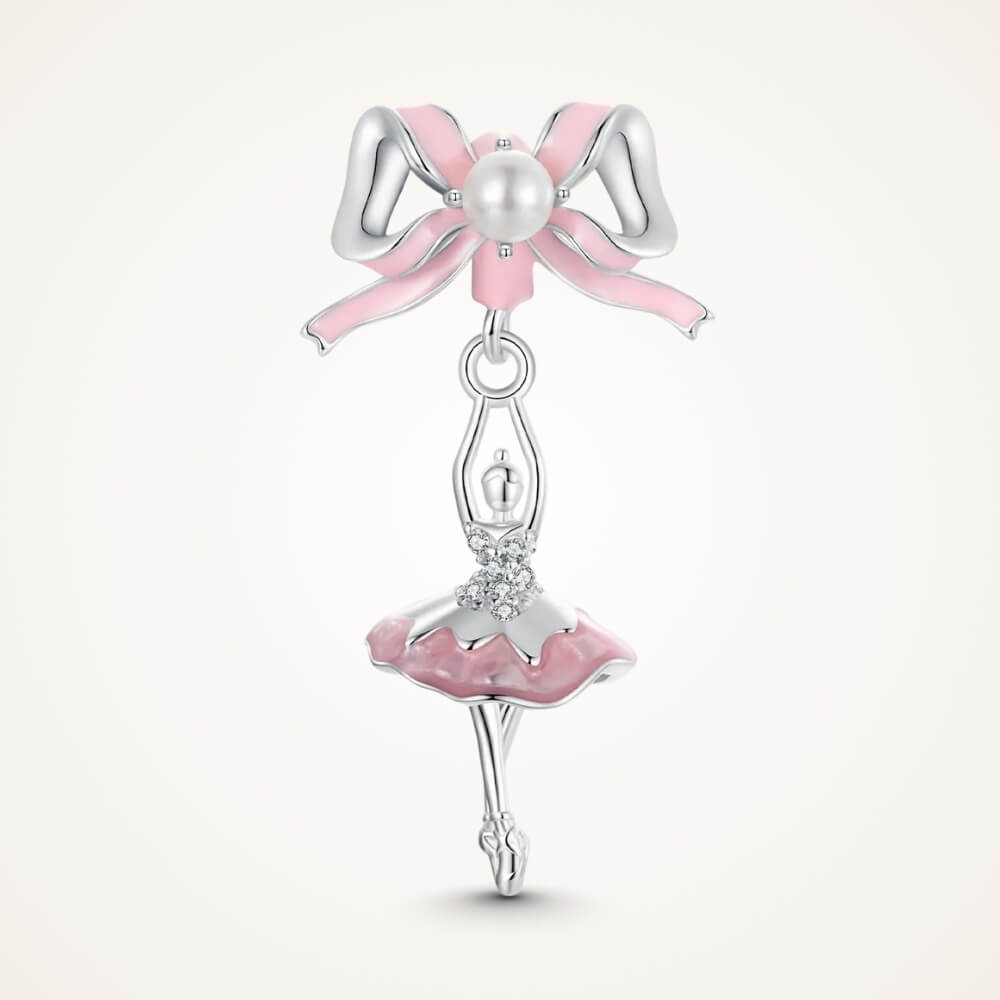Sterling silver ballerina charm with pink enamel bow and crystal accents - ORÉYA