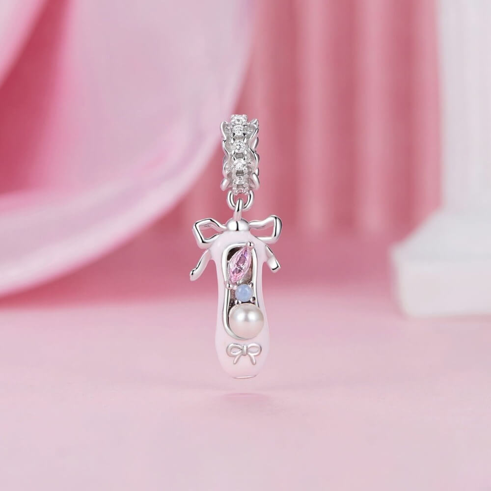 Sterling silver ballerina shoe charm with pink enamel, pearl, and crystals.