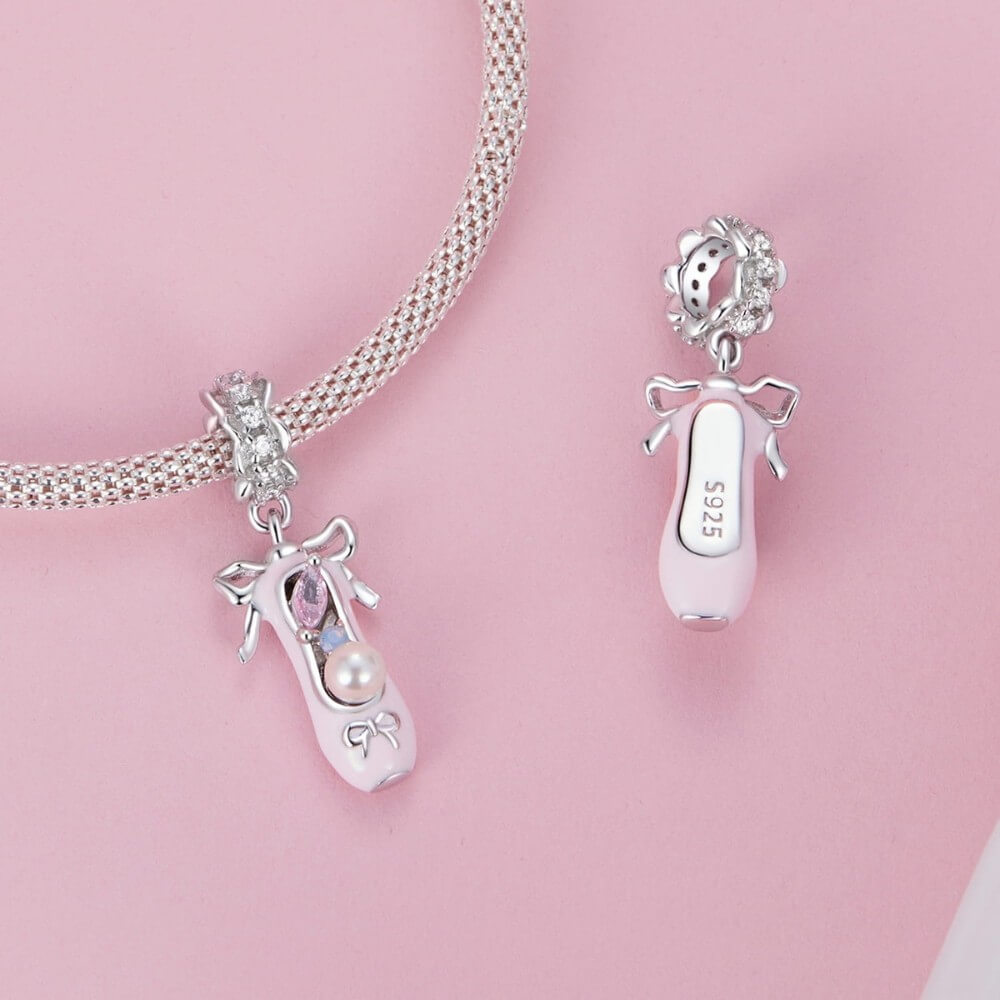 Sterling silver ballerina shoe charm with pink enamel, pearl, and crystals.