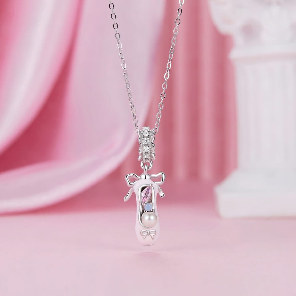 Sterling silver ballerina shoe charm with pink enamel, pearl, and crystals.