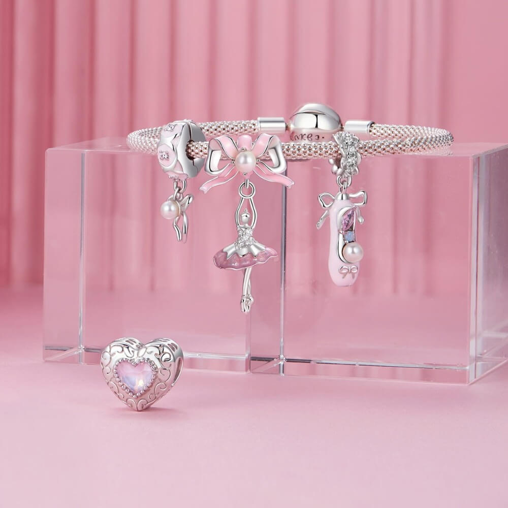 Sterling silver ballerina shoe charm with pink enamel, pearl, and crystals.