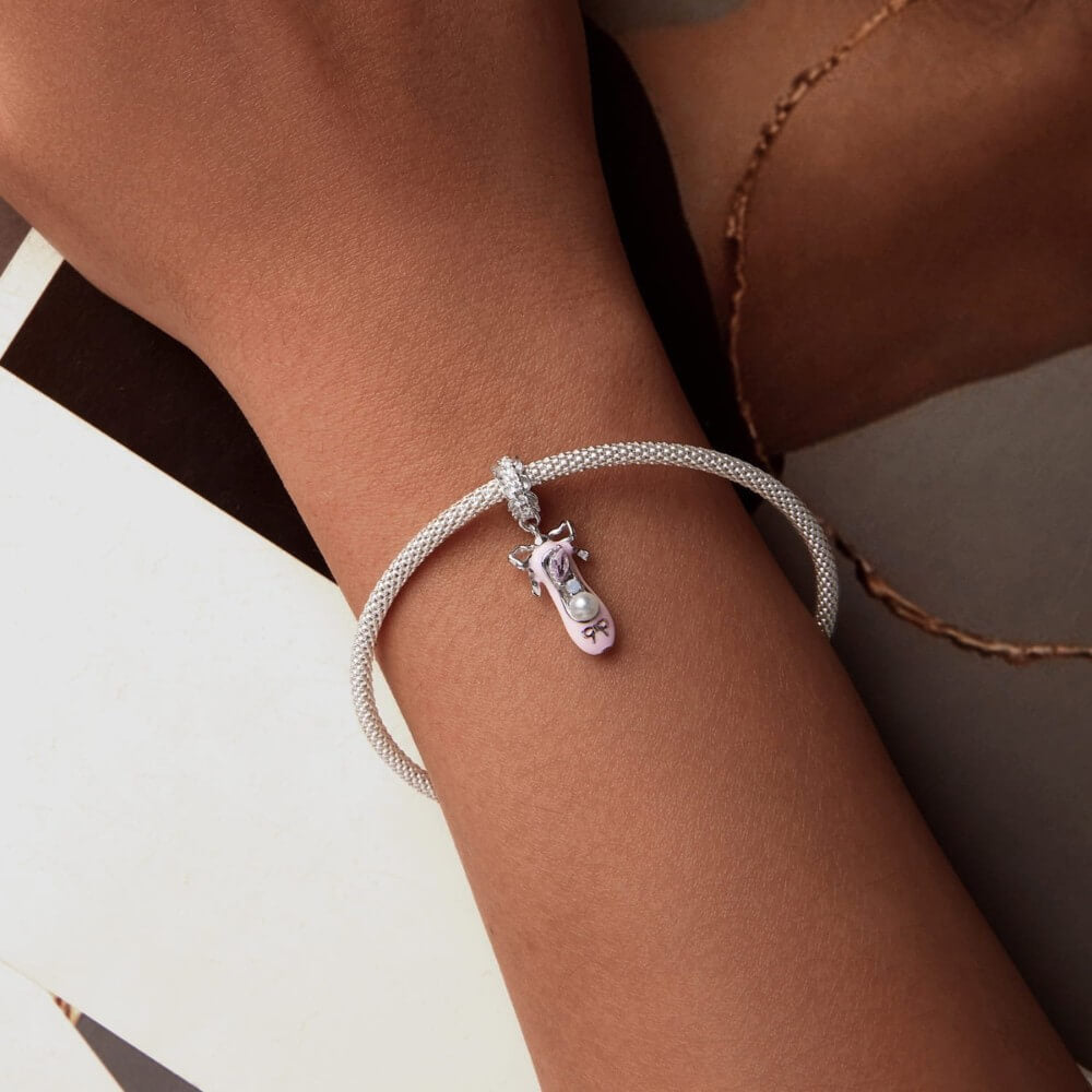 Sterling silver ballerina shoe charm with pink enamel, pearl, and crystals.