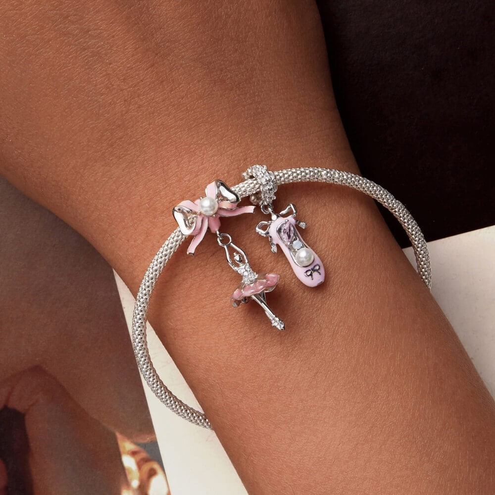 Sterling silver ballerina shoe charm with pink enamel, pearl, and crystals.