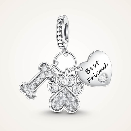 Sterling silver charm with crystal bone, crystal paw print, and ‘Best Friend’ heart – ORÉYA