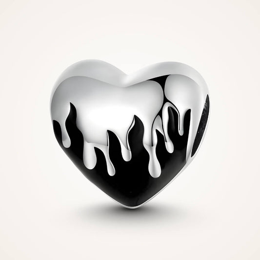 Sterling silver heart charm with black enamel flame design - ORÉYA