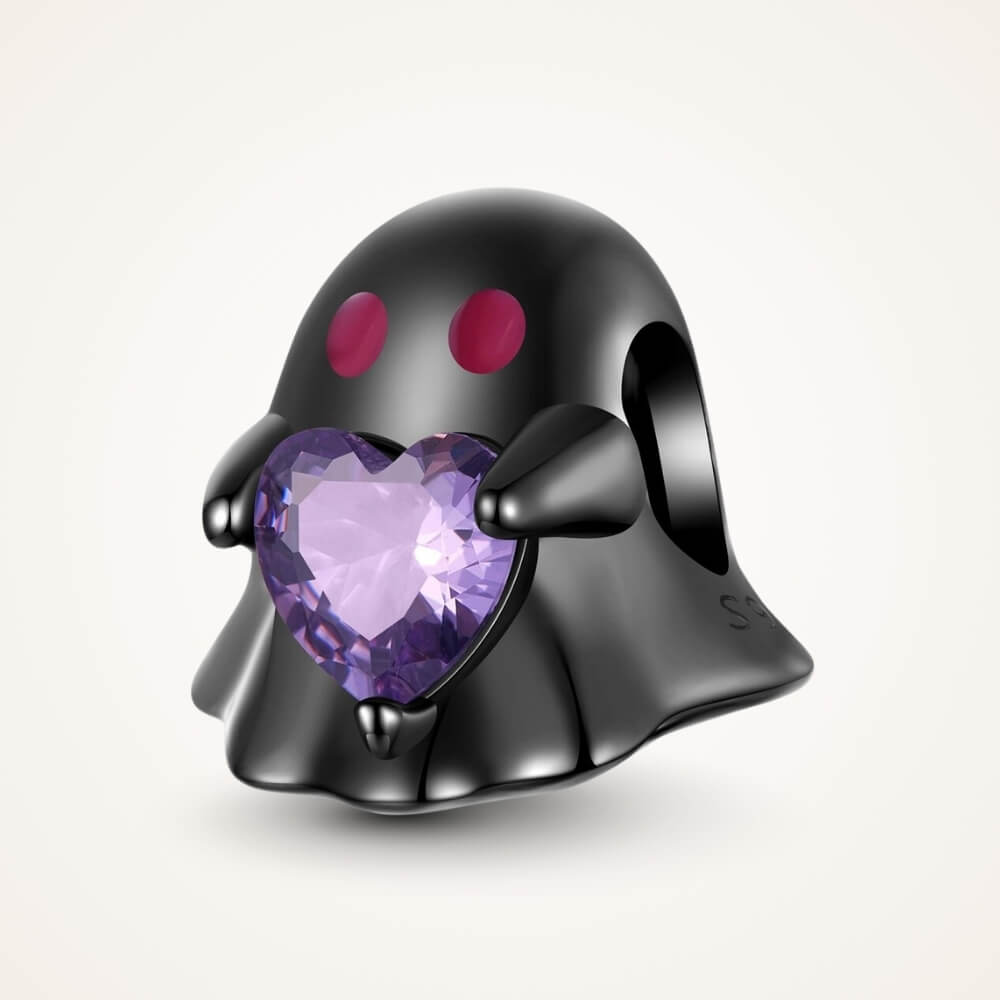 Black ghost charm holding purple heart crystal in sterling silver style - ORÉYA