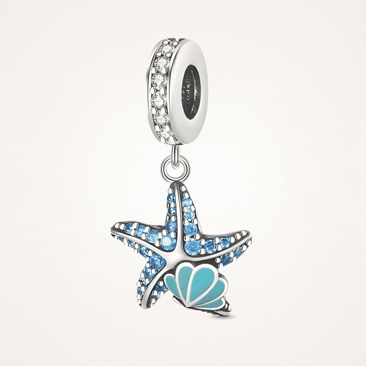 Sterling silver starfish charm with blue gemstones and teal enamel shell detail - ORÉYA