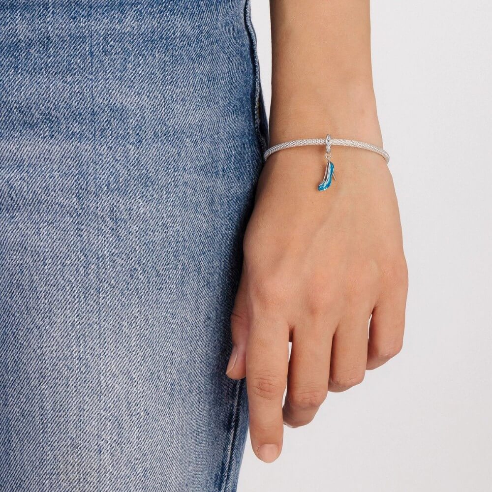 Sterling silver high heel charm with blue enamel and crystal accents.