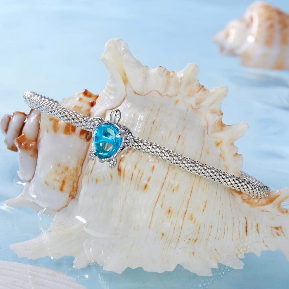 Silver bracelet with a blue gemstone on a large shell with a light blue background