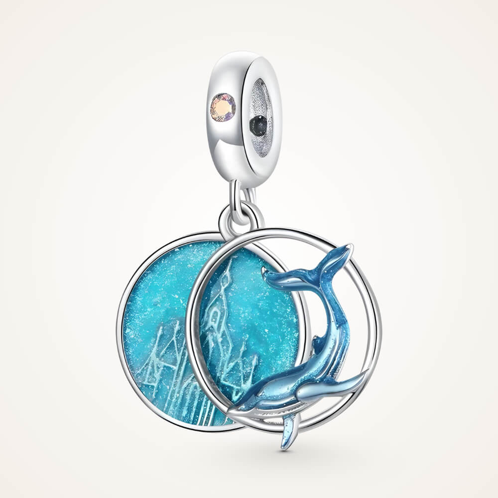 Sterling silver double dangle charm with blue whale design and glittery round disc - ORÉYA