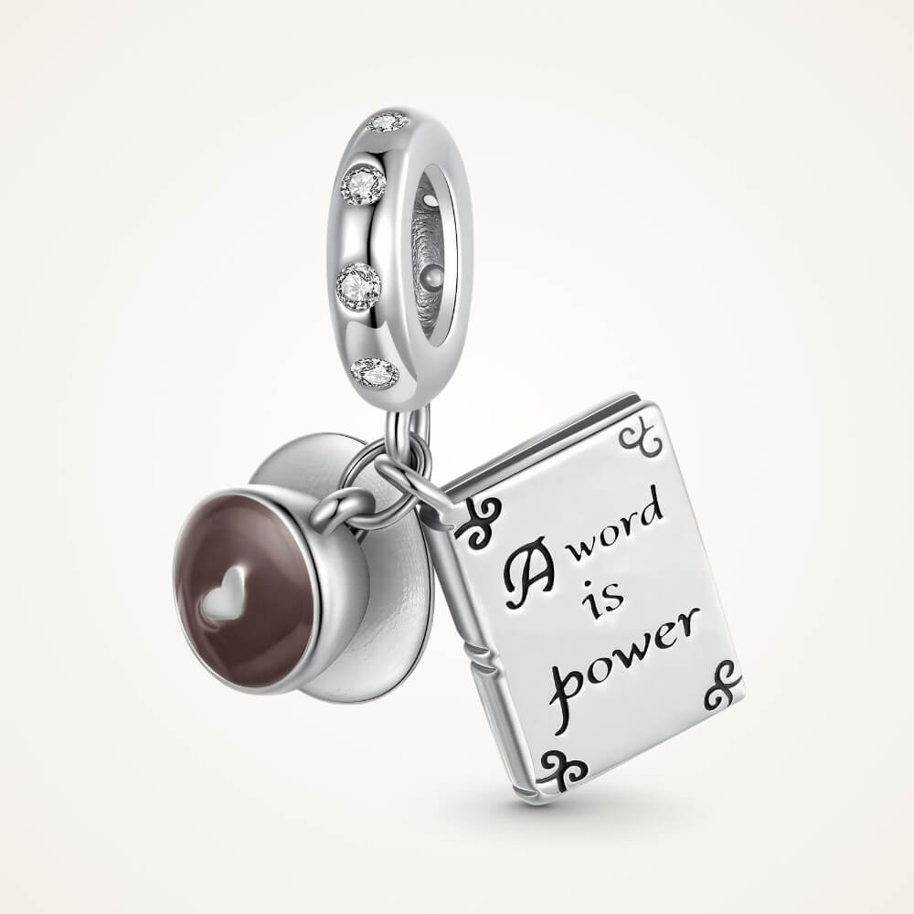 Sterling silver book and coffee charm with engraved inspirational quote - ORÉYA