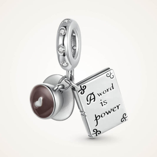 Sterling silver book and coffee charm with engraved inspirational quote - ORÉYA
