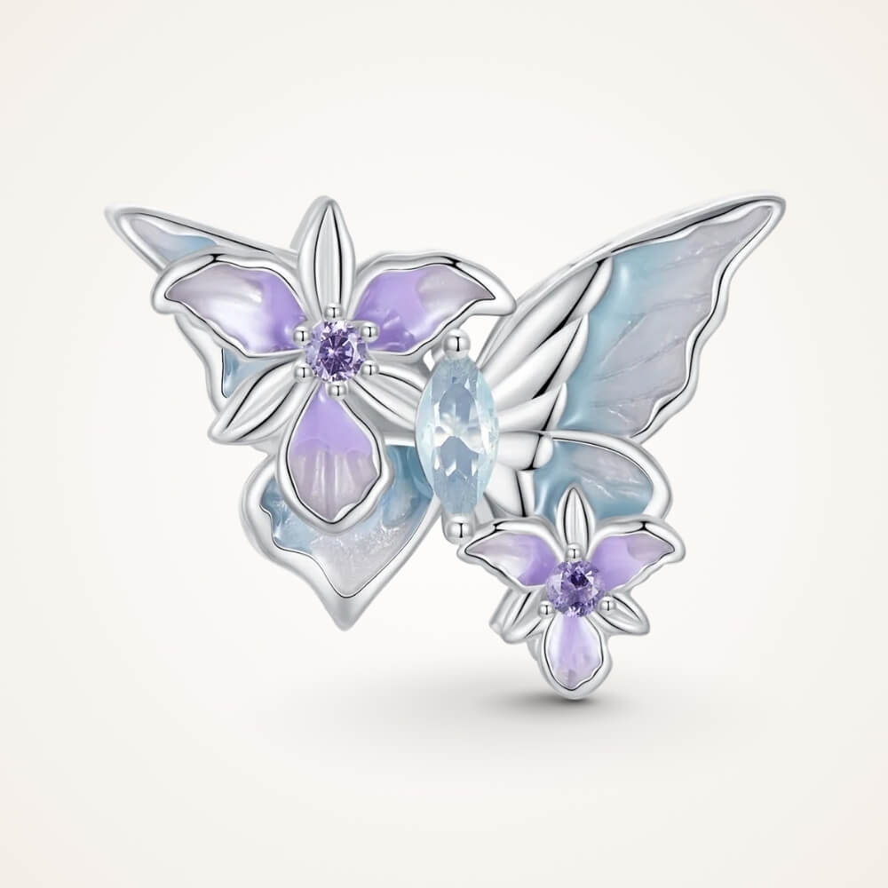 Sterling silver butterfly charm with pastel enamel flowers and crystal center - ORÉYA