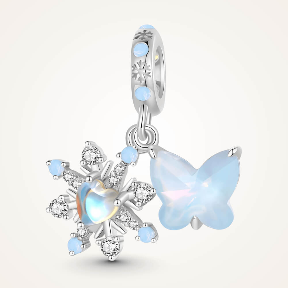 Sterling silver double dangle charm with opal-like butterfly, snowflake, and light blue accents - ORÉYA
