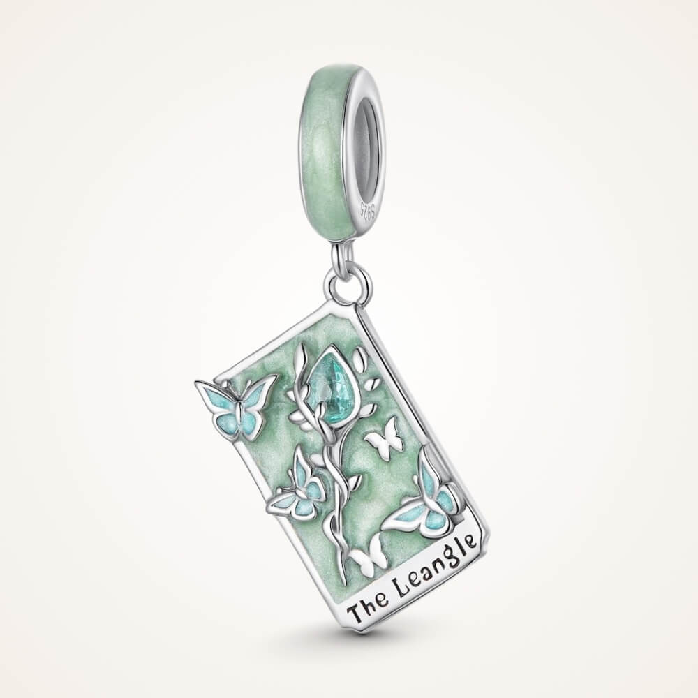 Sterling silver tarot card charm with butterflies, green enamel, and crystal rose - ORÉYA