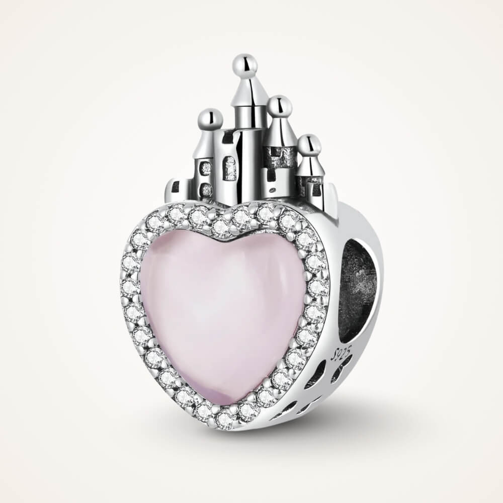 Sterling silver castle charm with pink heart center and crystal border - ORÉYA