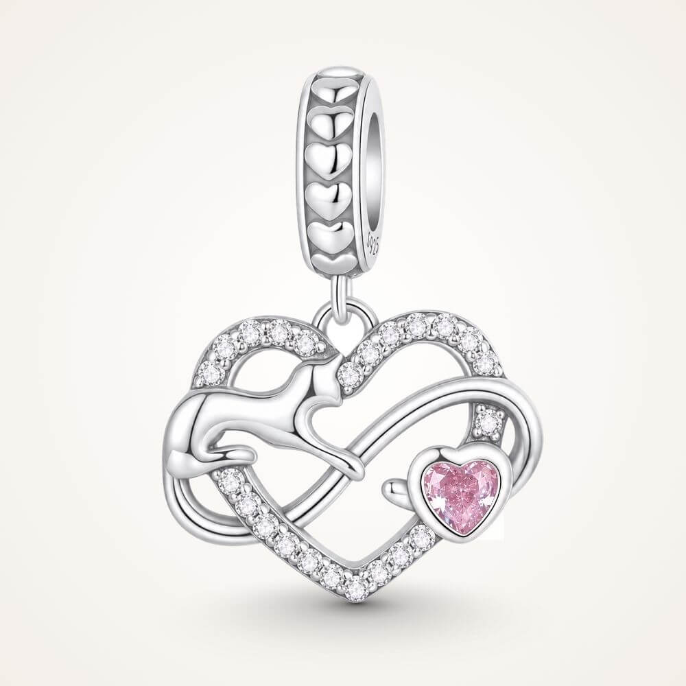 Sterling silver cat heart charm with infinity design, sparkling crystals, and a pink heart stone accent - ORÉYA