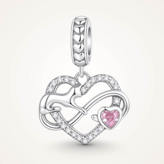 Sterling silver cat heart charm with infinity design, sparkling crystals, and a pink heart stone accent - ORÉYA