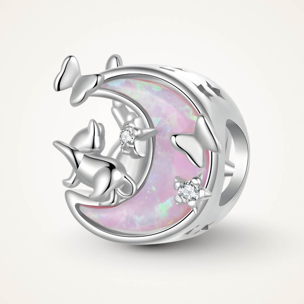 Sterling silver cat and moon charm with pink opal-like inlay and clear stones - ORÉYA