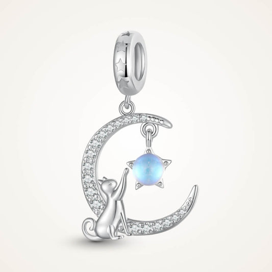 Sterling silver cat moon charm with star and opal crystal - ORÉYA