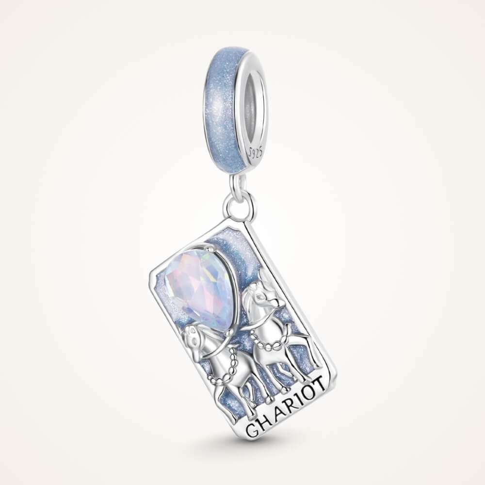 Sterling silver tarot card charm with horses, blue enamel, and opal crystal - ORÉYA