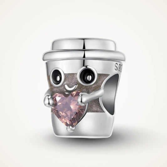 Sterling silver coffee cup charm holding pink heart crystal - ORÉYA