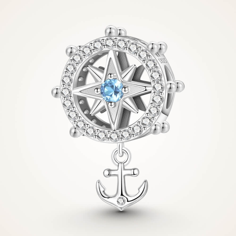 Sterling silver compass charm with anchor and blue crystal center - ORÉYA