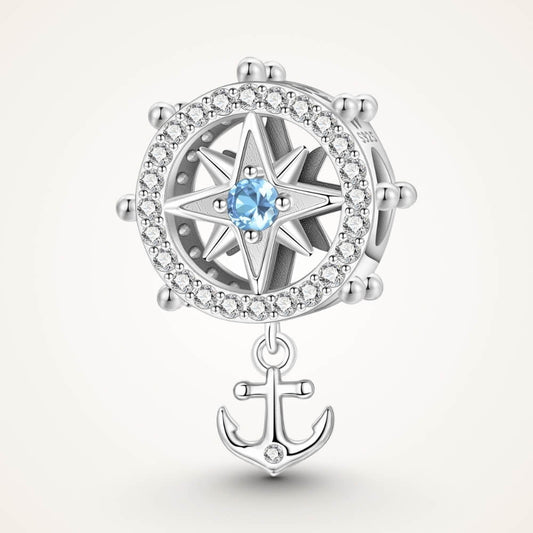 Sterling silver compass charm with anchor and blue crystal center - ORÉYA