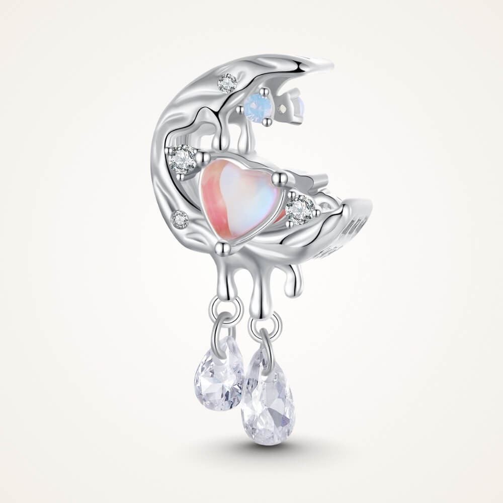 Sterling silver crescent moon charm with opal heart, clear gemstones, and dangling crystals - ORÉYA