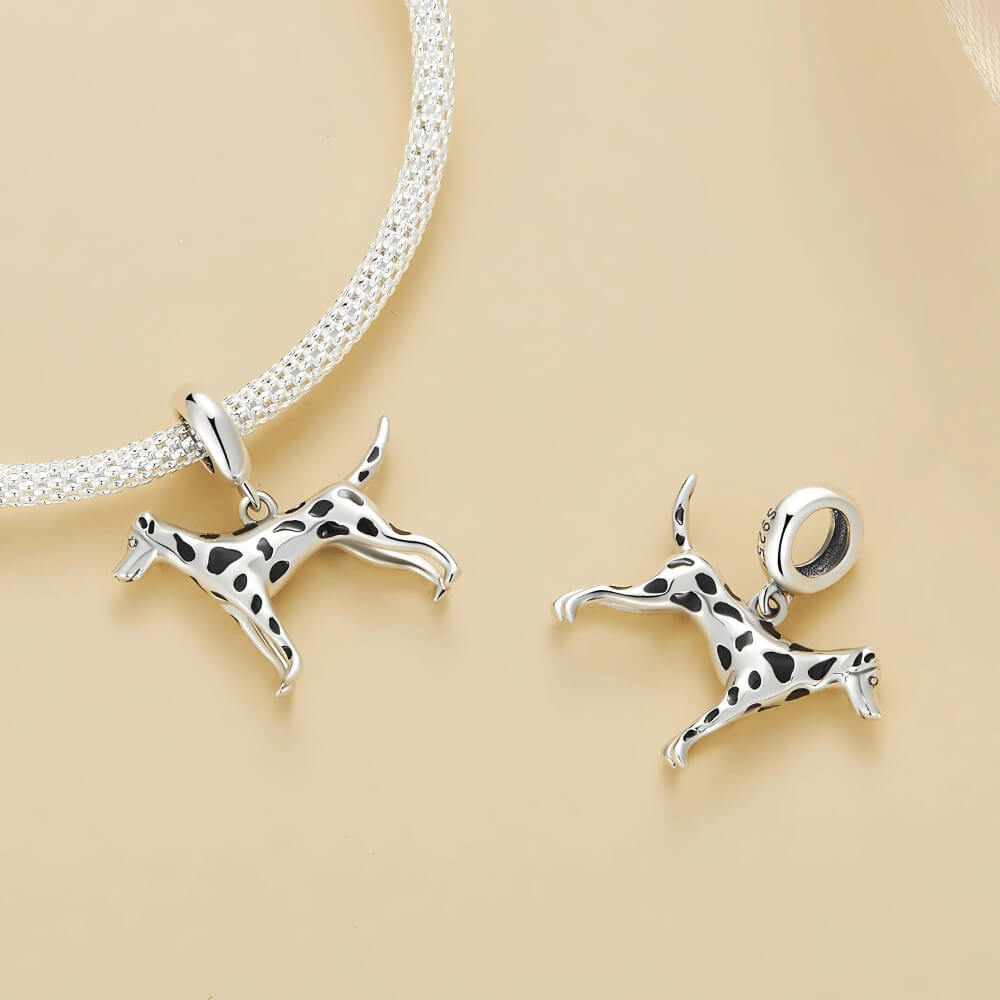 Sterling silver Dalmatian dog charm with black enamel spots 