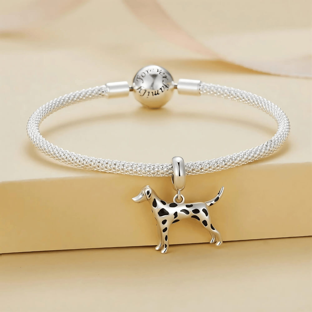 Sterling silver Dalmatian dog charm with black enamel spots 
