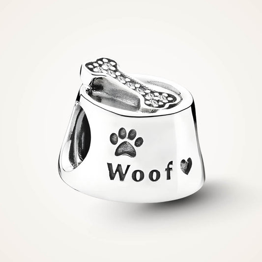 Sterling silver dog bowl charm with paw print and bone detail – ORÉYA