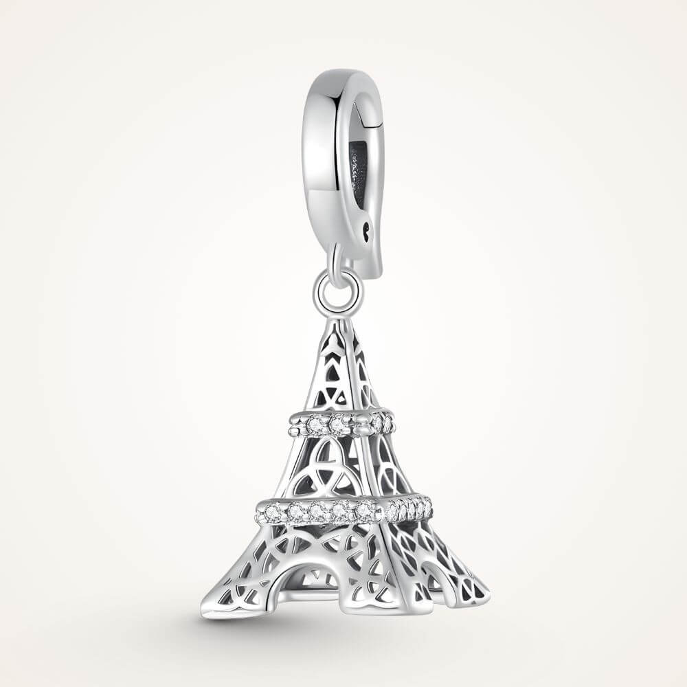 Sterling silver Eiffel Tower charm with sparkling crystal bands and detailed Paris landmark design - ORÉYA